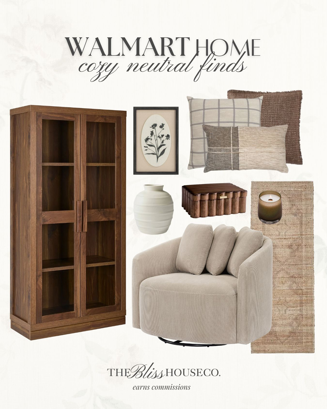 Cozy neutral home finds all from Walmart! 🕯️ Cabinet, pillows, accent chair, wall art, vases, tabletop decor, storage box, runner rug, affordable Walmart home finds. 

 #LTKHome #LTKFindsUnder50 #LTKFindsUnder100