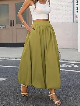 ELLEVEN Women's Bubble Maxi Skirt with Pockets，Elastic Waist Puffy Hem Y2k Skirt Casual A Line ... | Amazon (US)