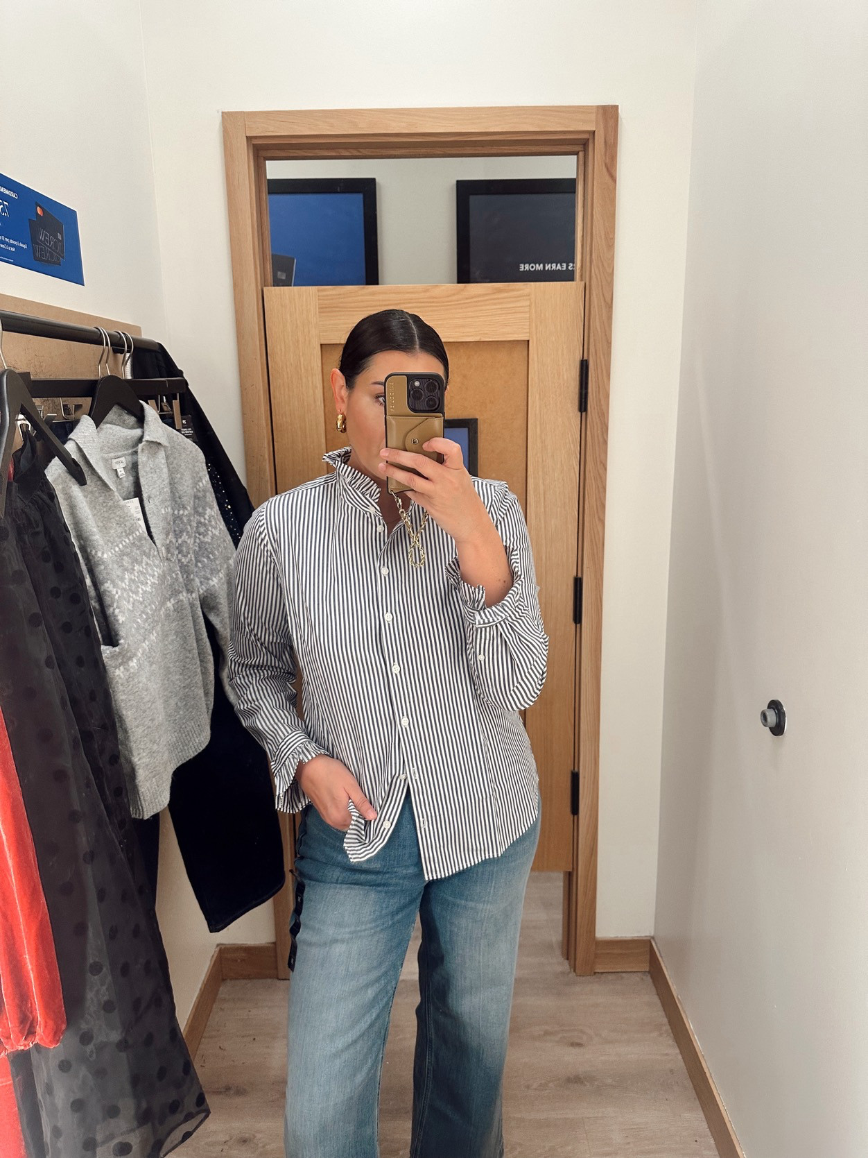 I am in the large of the striped shirt, I sized up for extra room in the chest. I'm in the medium of the sweater, runs loose. 

I'm in the 30 of the jeans, perfect fit!  

 #LTKFindsUnder50 #LTKFindsUnder100