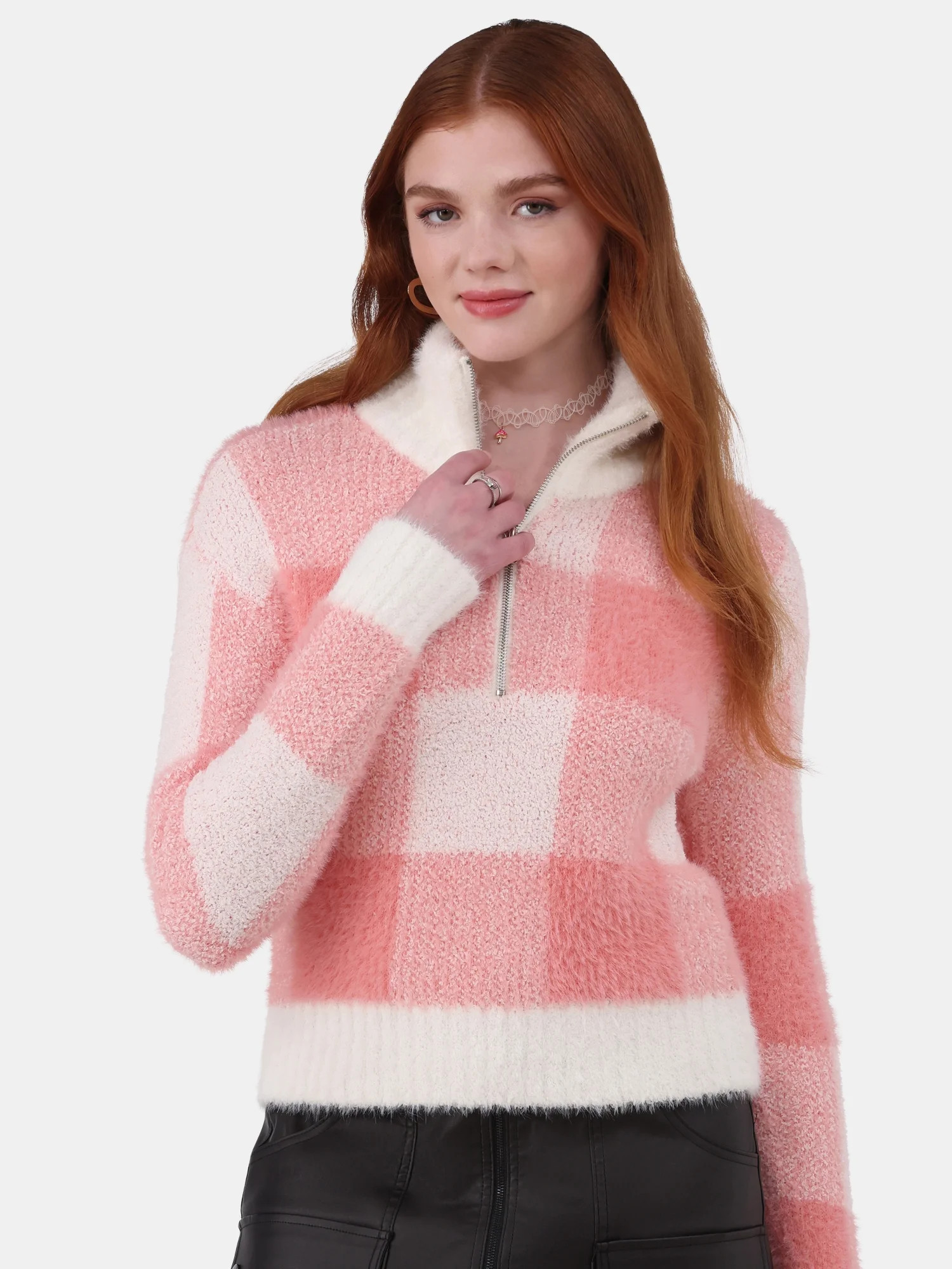 No Boundaries Plaid Quarter Zip Pullover Sweater, Women's and Women’s Plus | Walmart (US)