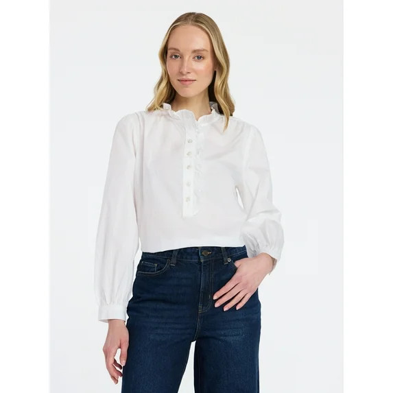Time and Tru Women's Ruffle Neck Button Front Cotton Shirt with Long Sleeves, Sizes XS-XXXL | Walmart (US)