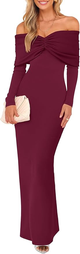 Caracilia Womens Off The Shoulder Bodycon Maxi Dress Fall Sexy Elegant Long Sleeve Ruched Club Pa... | Amazon (US)
