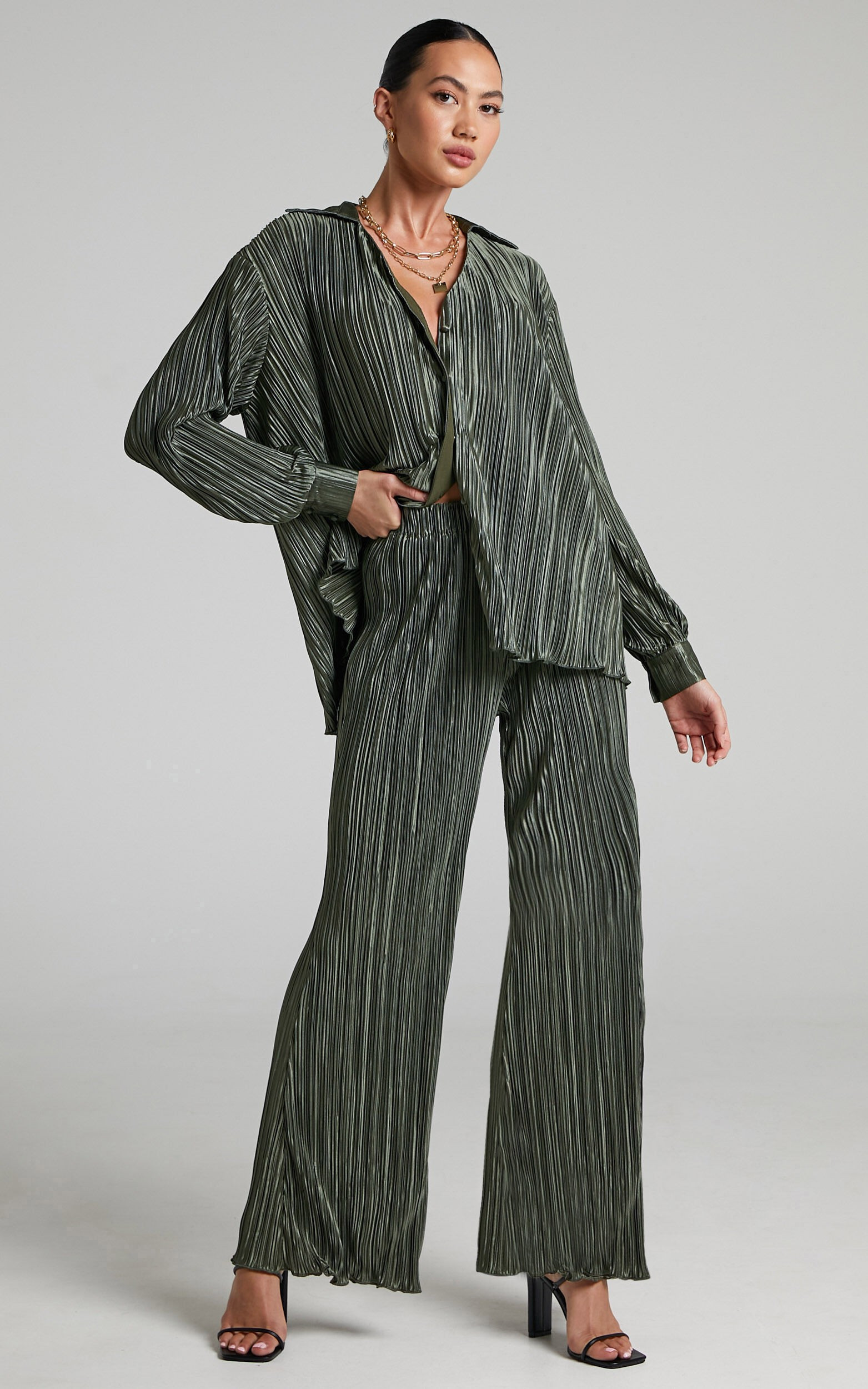 Beca Plisse Flared Pants in Olive | Showpo (ANZ)