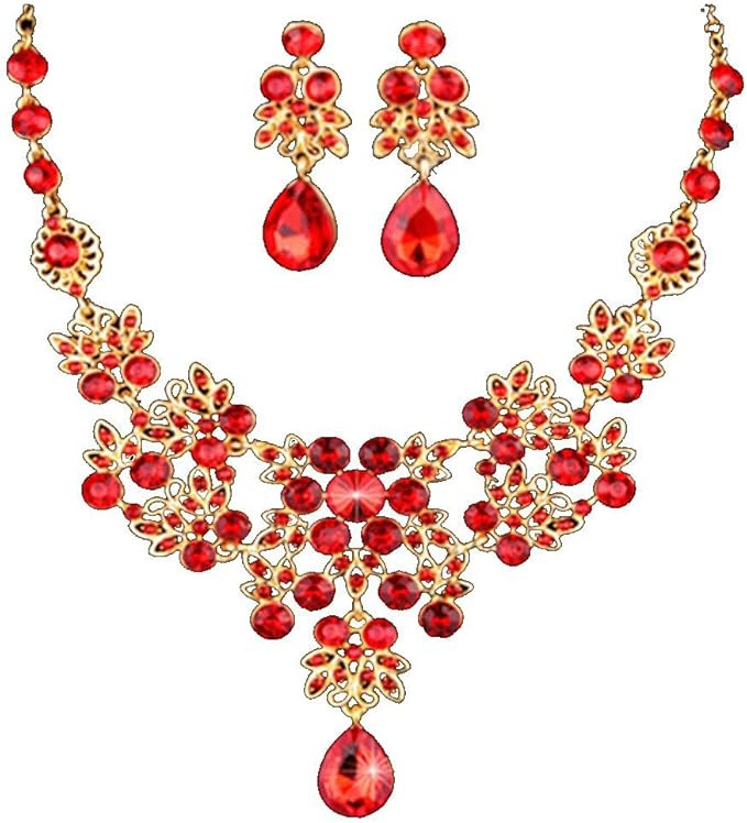 HeroNeo Silver Red Alloy Rhinestone Earrings Crystal Pendant Necklace Bridal Jewelry Set | Amazon (US)