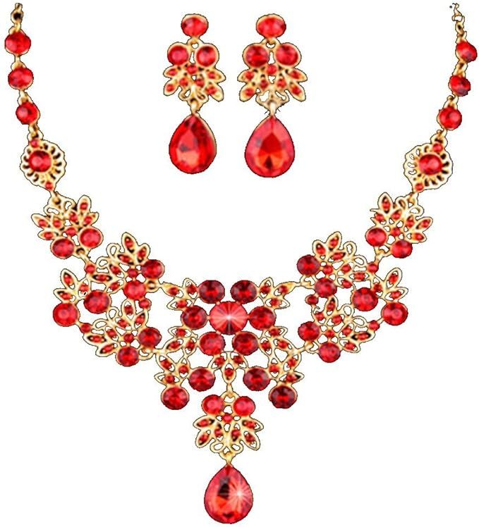 HeroNeo Silver Red Alloy Rhinestone Earrings Crystal Pendant Necklace Bridal Jewelry Set | Amazon (US)