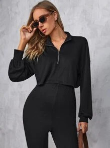 SHEIN Maternity Half Zip Drop Shoulder Crop Sweatshirt & Leggings | SHEIN