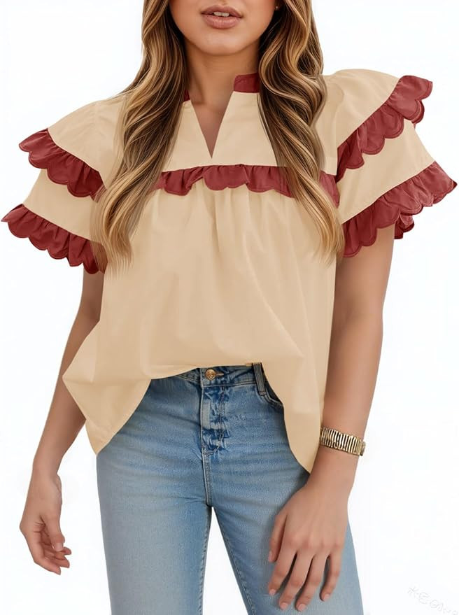 Tankaneo Womens Ruffle Sleeve Babydoll Tops Color Block Summer V Neck Pleated Blouse Dressy Casua... | Amazon (US)