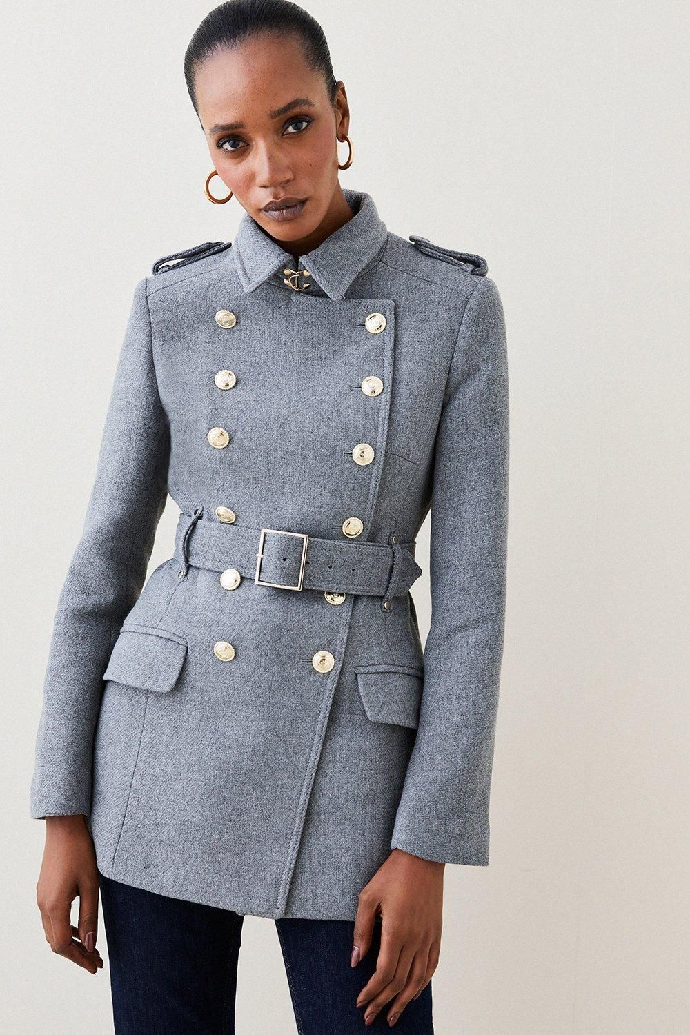 Italian Wool Mix Short Military Coat | Karen Millen UK + IE + DE + NL