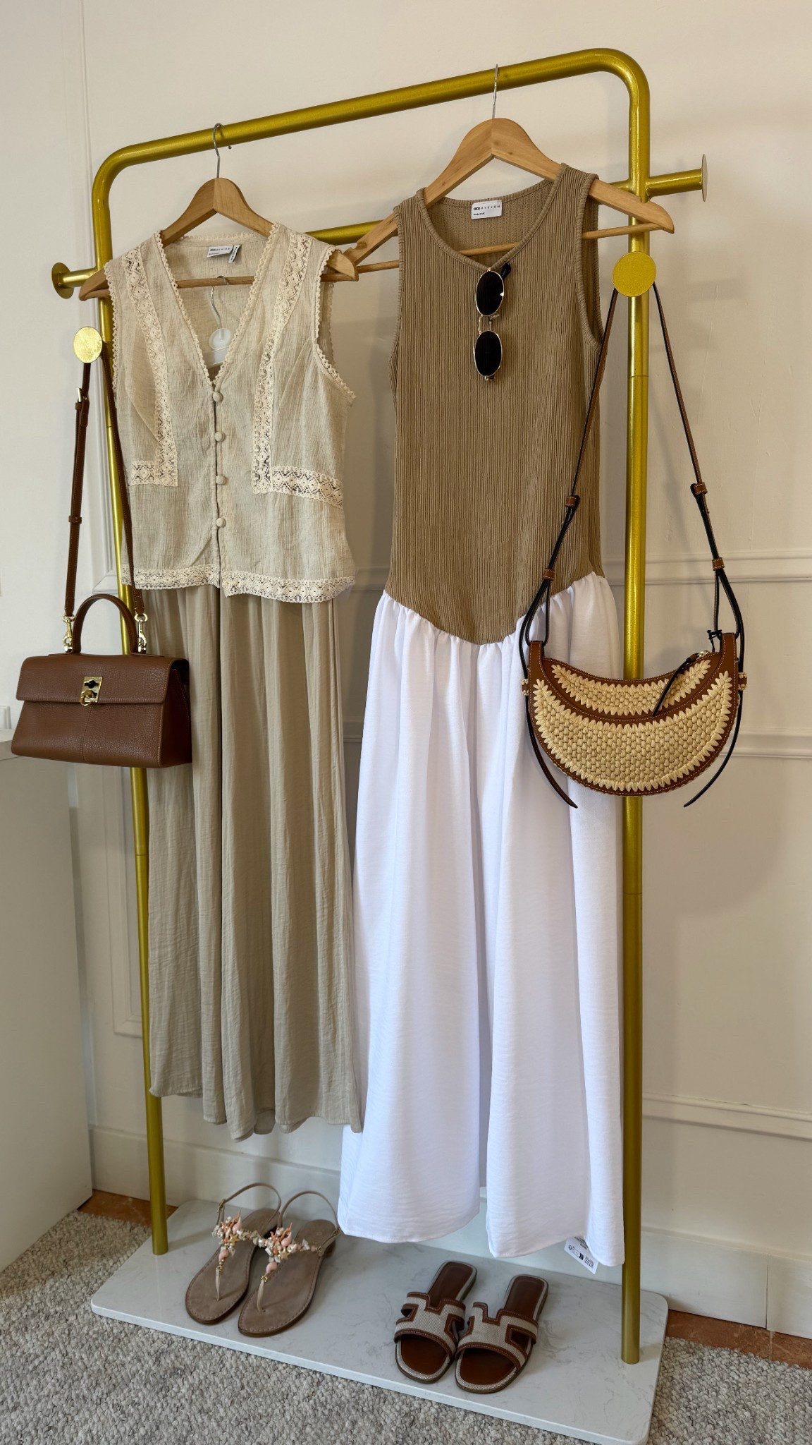 Neutral holiday wardrobe🤎
Tags: asos low hem a line dress nude white maxi polene Paris crochet raffia bag pareo satin shimmery wide leg trousers Zara linen lace top with details cafune brown bag seashell embellished sandals Hermes fashion summer inspo outfit ideas Mallorca Barcelona Ibiza Dubai neutral style

#LTKsummer #LTKstyletip