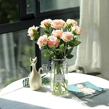 Pink Fake Roses Artificial Flowers - 10 Pcs Fake Artificial Roses Silk Flowers with Stems for Hom... | Amazon (US)