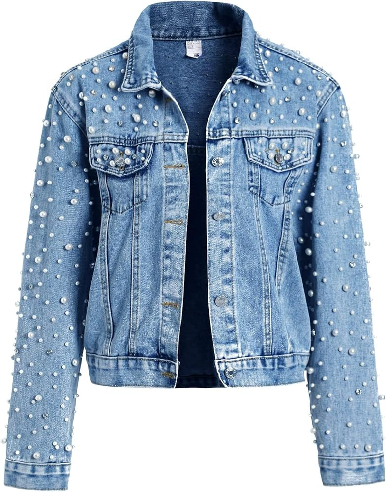 Women's Pearl Embroidered Denim Jacket Casual Loose Short Jean Jacket Coat Bridal Jacket | Amazon (US)