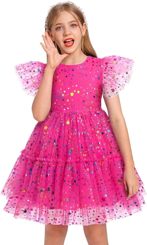 Girls Sequin Dress Toddler Shiny Rainbow Stars Tulle Dresses Ruffle Sleeve Birthday Party Photo S... | Amazon (US)