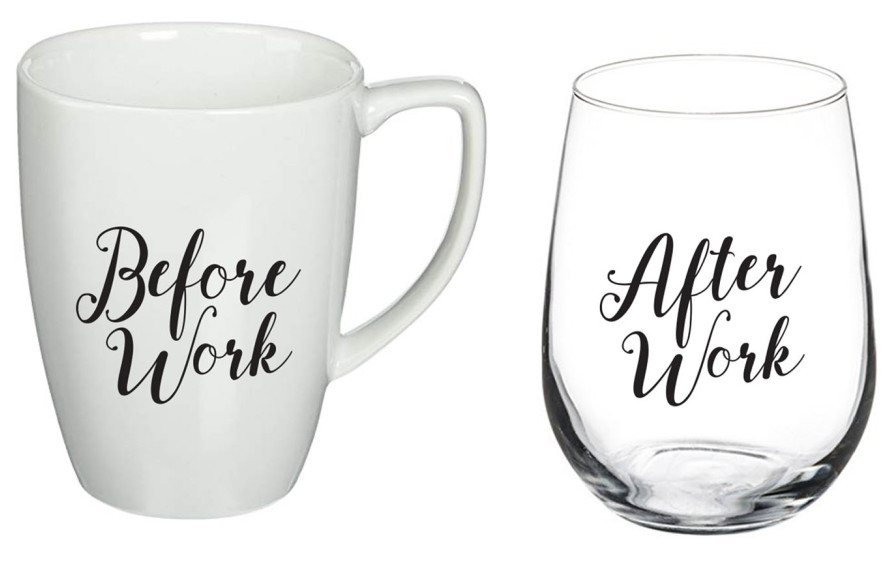 Before Work / After Work - White Ceramic Coffee Mug 11 oz Cup and Stemless Wine Glass 15 oz Gift ... | Walmart (US)