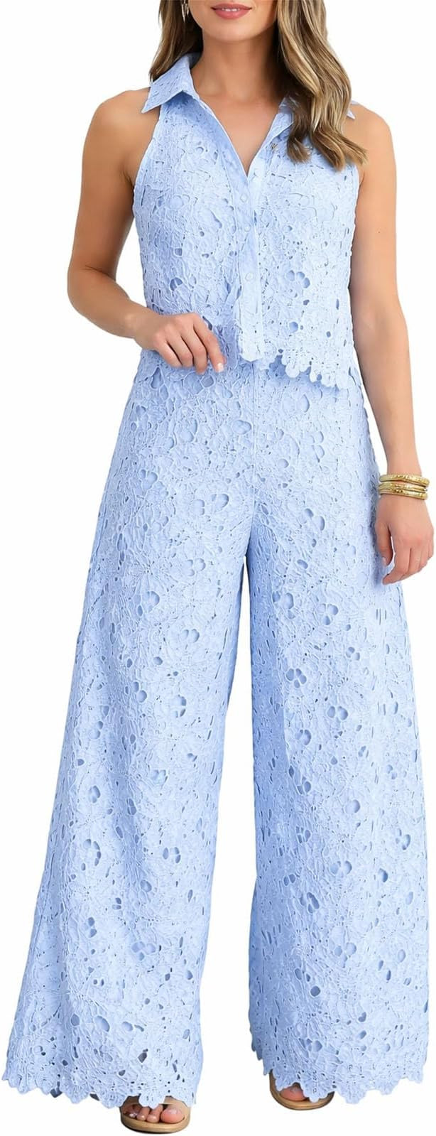 Women's Two-Piece Floral Lace Lapel Vest Top & Wide Leg Pants Set, Sleeveless Hollow Out Vest Wit... | Amazon (US)