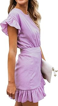 Relipop Women's Dress Solid Fishtail Short Sleeve Wrap Ruffle Hem Mini Short Dresses | Amazon (US)