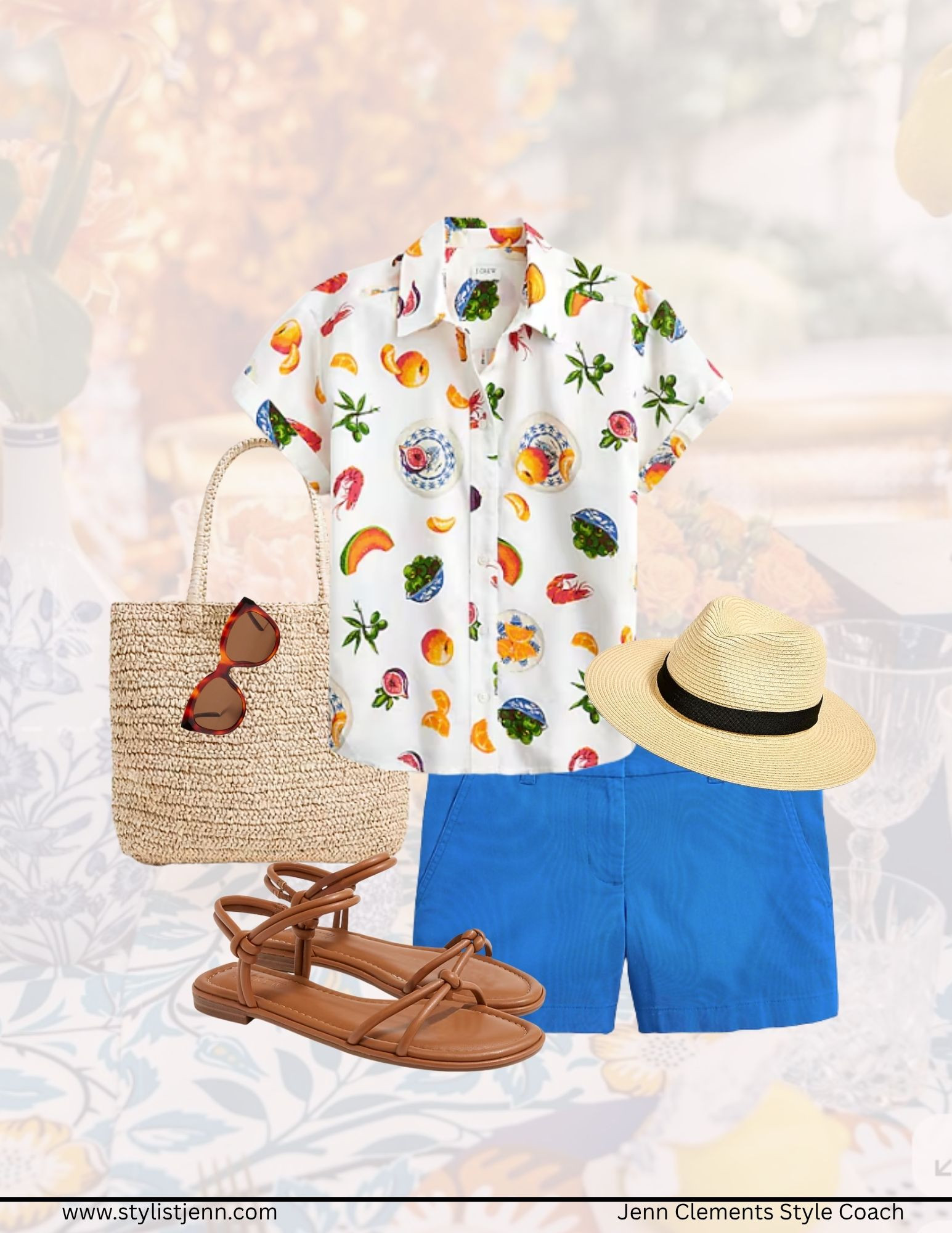 Fruit print = instant vacation vibes 🍊🍒
I paired this playful button-up with fun blue shorts,  woven textures, and coastal flair. Just add sunshine! 

 #LTKSeasonal #LTKOver40 #LTKSaleAlert