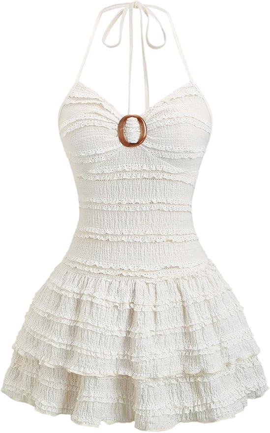 BEAUDRM Women's Textured Halter Mini Dress Y2K Ruffle Layered Backless A Line Summer Vacation Sho... | Amazon (US)