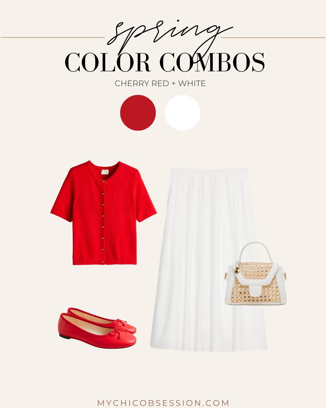 Transition cherry red to spring looks by pairing it with a bright white. Style a short-sleeved cardigan in red with a poplin white midi skirt, a woven handbag, and red ballet flats for a chic spring look. 

 #LTKSeasonal #LTKStyleTip #LTKShoeCrush