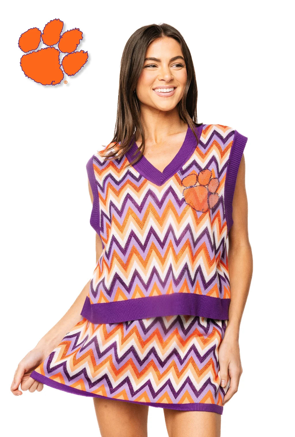 Licensed Sample Clemson Zig Zag Mascot Knit V Neck Tank | Queen of Sparkles