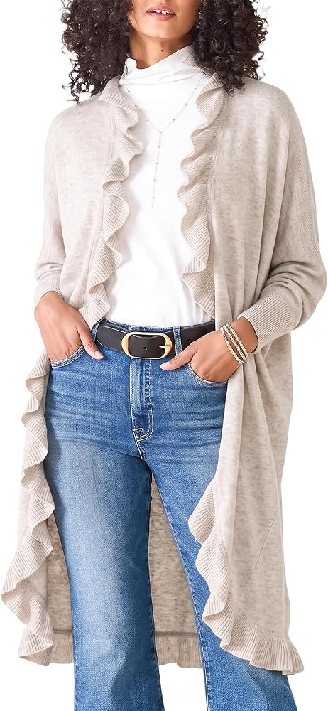 Hixiaohe Long Cardigan Sweater for Women with Ruffle Trim Knit Open Front Cocoon Wrap Casual Eleg... | Amazon (US)
