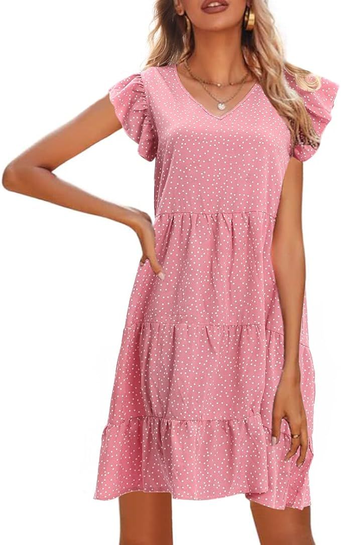 Jillumi Womens Polka Dot Babydoll Midi Dresses Short Sleeve Ruffle Dress V Neck Casual Loose Pink | Amazon (US)