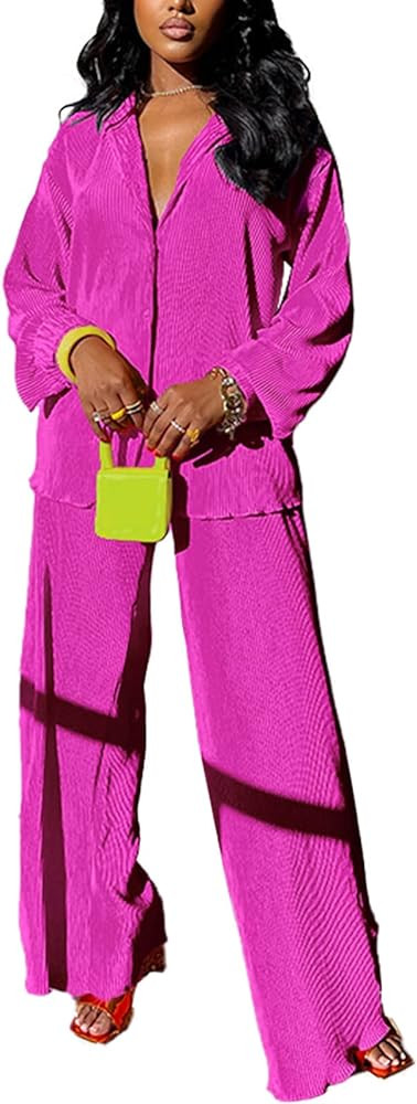 kaimimei Casual 2 Piece Outfit for Women - Linen Long Sleeve Button Down Shirt + Flare Pleated Wi... | Amazon (US)