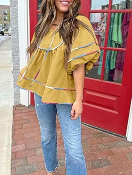 Cicy Bell Womens Summer Babydoll Tops V Neck Short Lantern Sleeve Shirts Cute Loose Fit Peplum Fl... | Amazon (US)