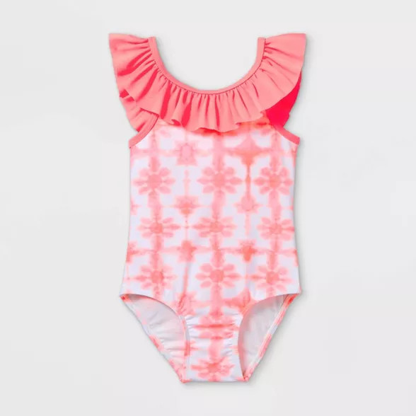 Toddler Girls' Tie-Dye Scalloped Ruffle One Piece Swimsuit - Cat & Jack™ Coral | Target