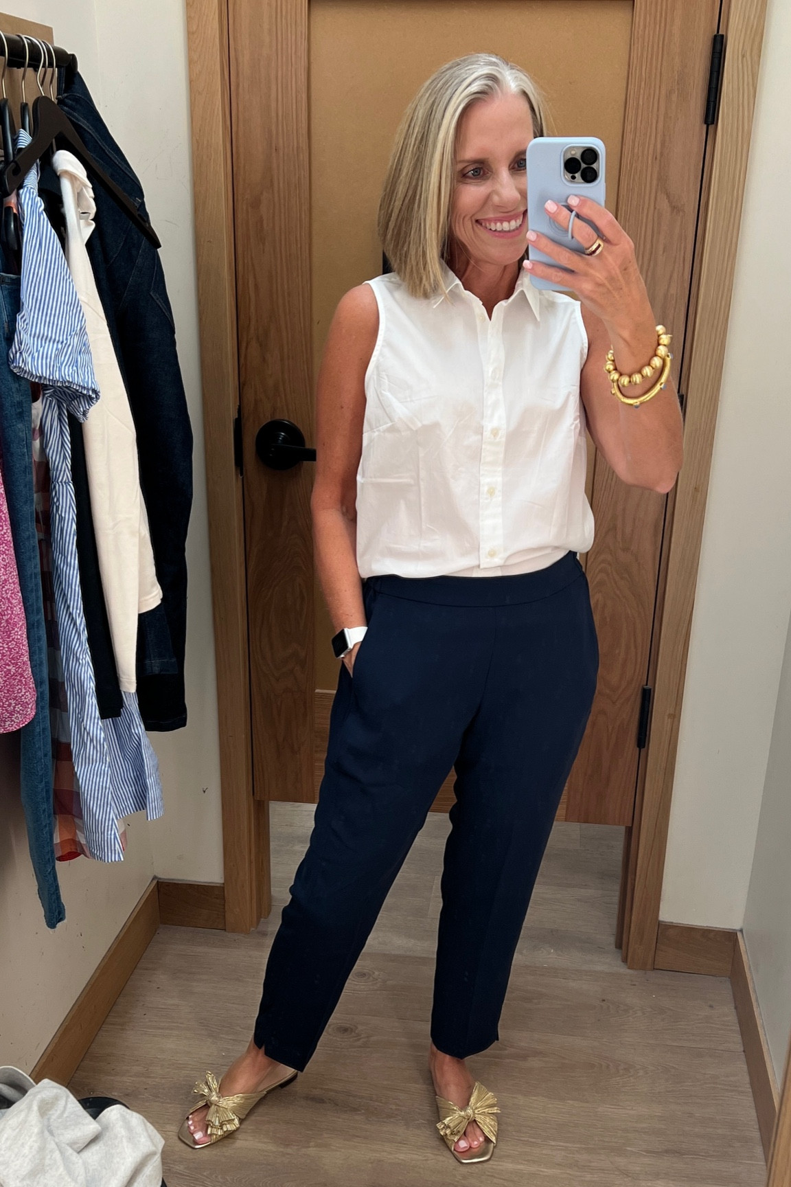 Basics! These pants have an elastic back that makes them fit great and feel even better. A basic white sleeveless button up shirt never goes out of style. Layer with a blazer for the office. 

#LTKsalealert #LTKworkwear #LTKSeasonal