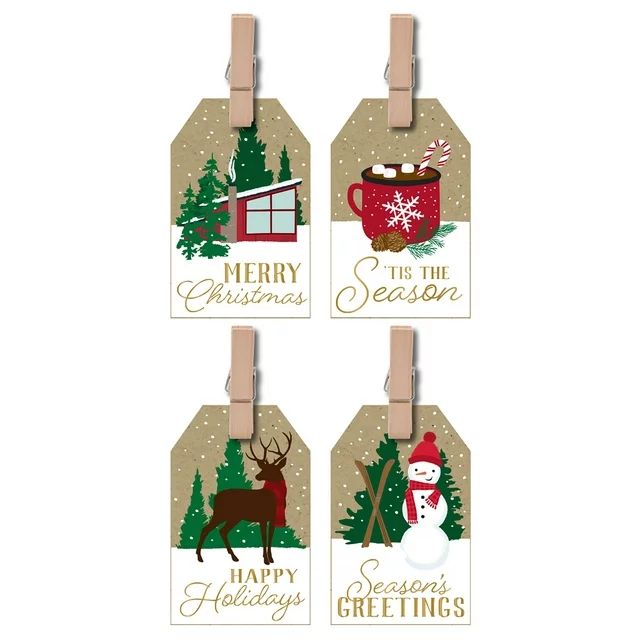 Christmas Traditional 4 Count Multi-Color Kraft Clothespin Gift Tags, by Holiday Time | Walmart (US)