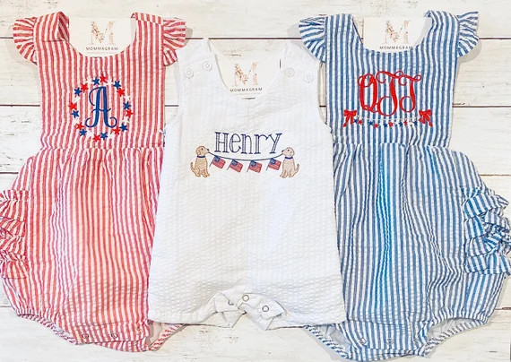 Patriotic Seersucker Baby Girl and Boy Sunsuits, 4th of July Outfit, Monogrammed Baby Girl and Bo... | Etsy (US)