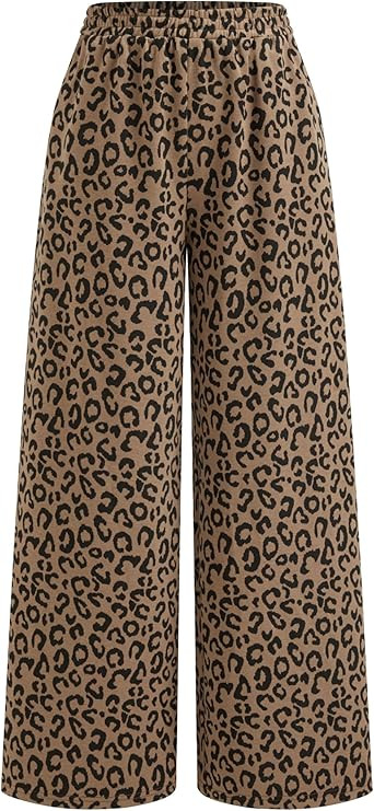 CIDER Women Leopard Print Wide Leg Lounge Pants Elastic Waist Casual Trousers with Pockets | Amazon (US)