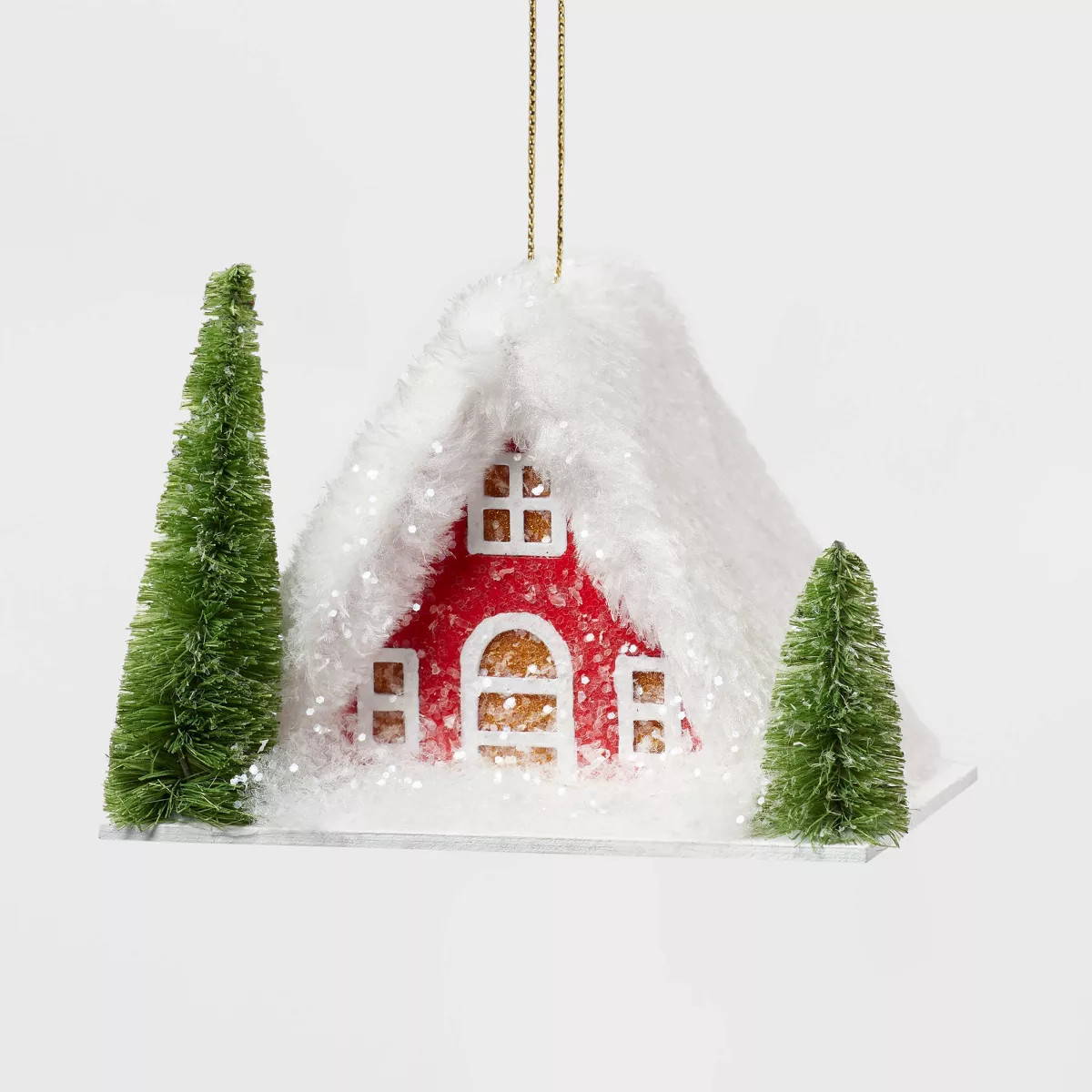 Glittered Paper Cabin with Sisal Bottle Brush Trees Christmas Tree Ornament Red/White - Wondersho... | Target