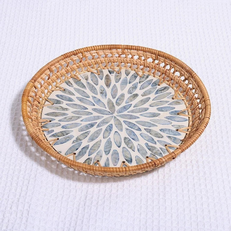 Hand-Woven Rattan Serving Tray, Shell Basket Rattan Round Serving Tray, Coffee Tray Decor for Ser... | Walmart (US)