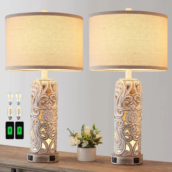 RORIA 25" Country Style Table Lamps Set of 2，for Living Room Bedroom Nightstand, Hollow Resin F... | Walmart (US)