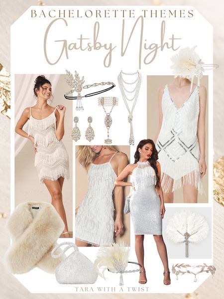 Bride to be outfits for a Gatsby themed bachelorette party! 

Gatsby bachelorette. Roaring 20s bachelorette. White sequin dress. White flapper dress. White fan. Fur shawl. Headpieces. Bride to be. Bridal outfits. Bachelorette outfits. 

#LTKSeasonal #LTKwedding