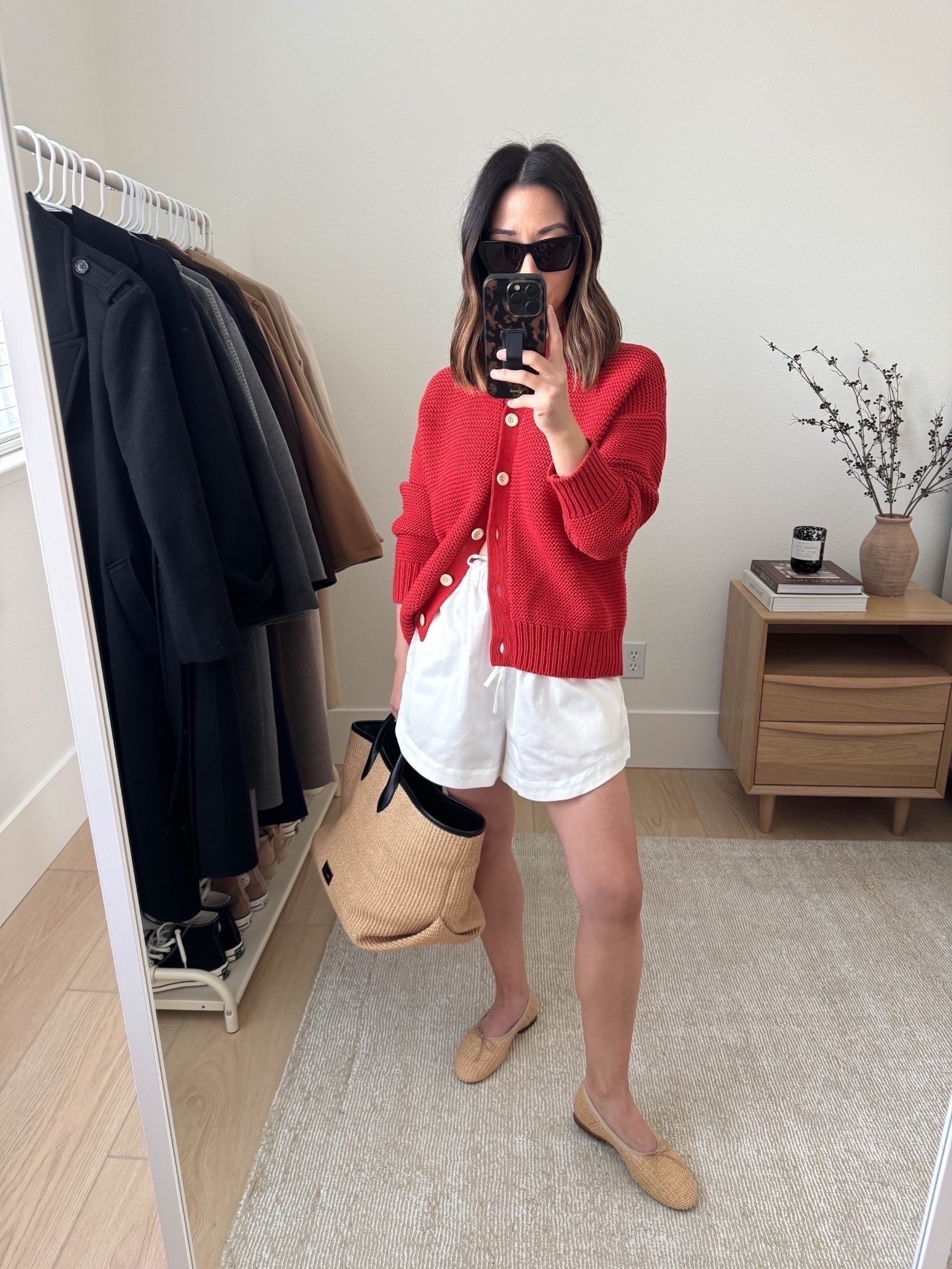 Alex Mill cardigan on sale! I size up for more room. 

Alex mill cardigan small
French Connection shorts small
Mansur Gavriel Flats 35
Khaite tote (old)
YSL sunglasses 

petite style, shorts, cardigan, transitional style 

#LTKSaleAlert #LTKHoliday #LTKCyberWeek