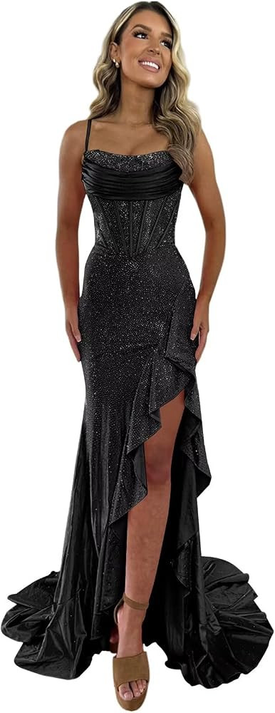 Wchecalino Sparkly Beaded Satin Mermaid Prom Dresses Long 2026 Spaghetti Straps Corset Ruffles Ev... | Amazon (US)