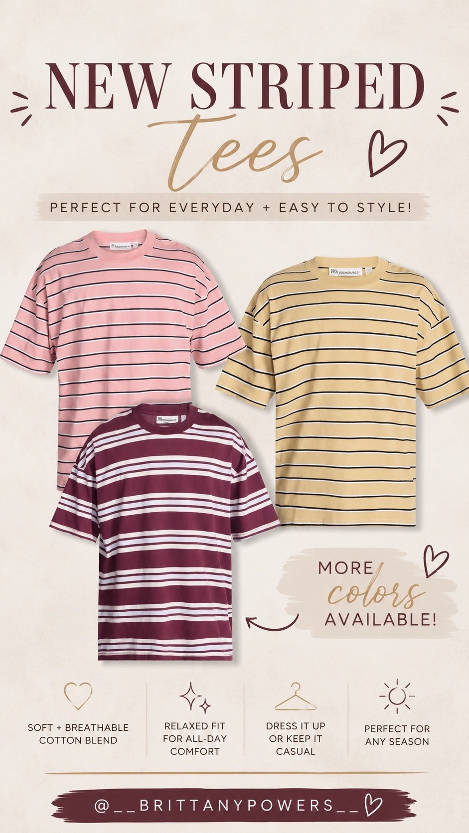 New striped tees just landed! 💕💛🍷 These are such an easy everyday basic, but the stripes + new colors make them feel a little more fun. Perfect with jeans, shorts, or layered under a jacket for fall!

And yes… more colors are available! 🙌🏼

#LTKootd #LTKmomlife #LTKSaleAlert