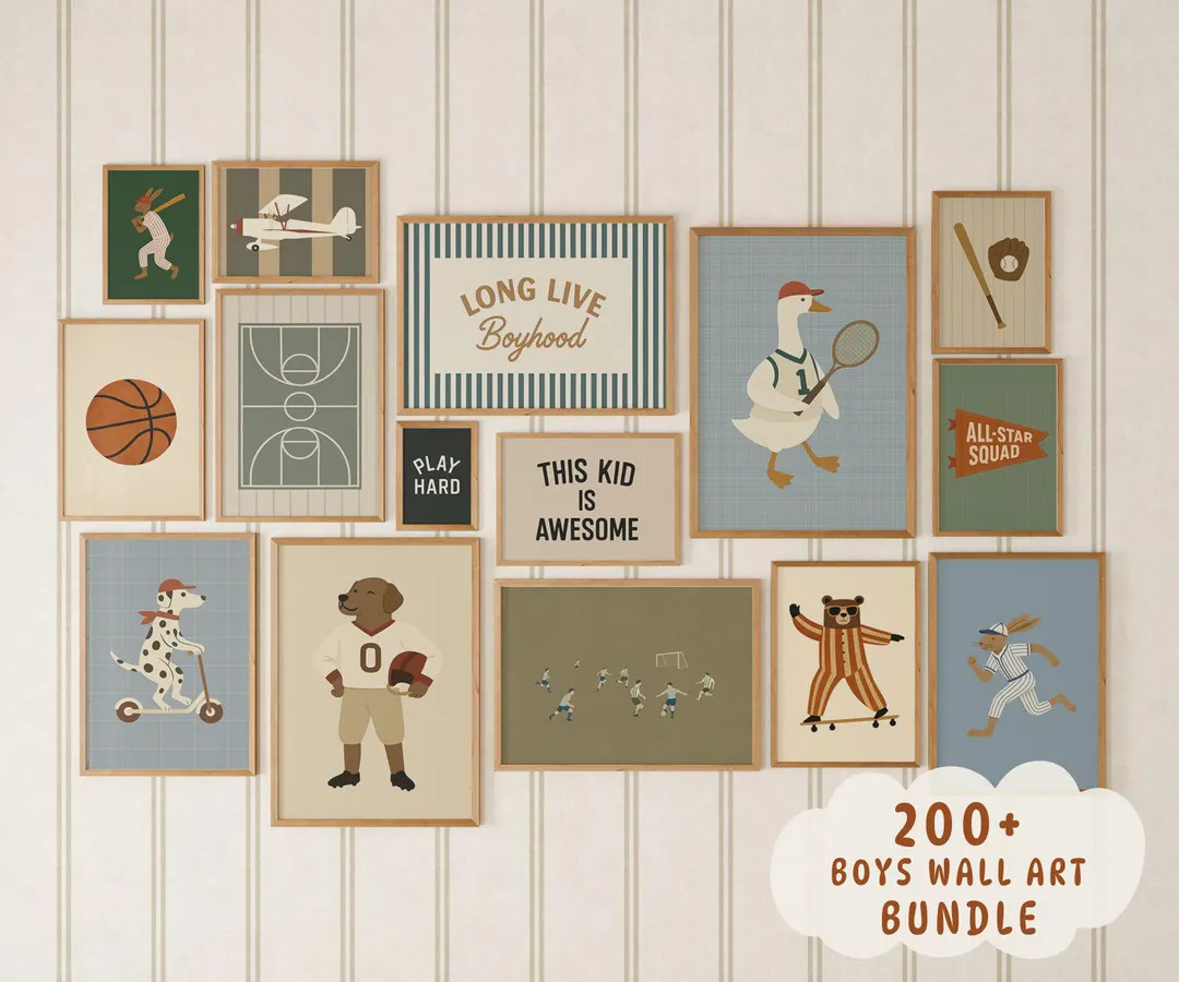 Vintage Sports Nursery Prints Set, Boys Athletic Room Wall Art, Digital Download - Etsy | Etsy (US)