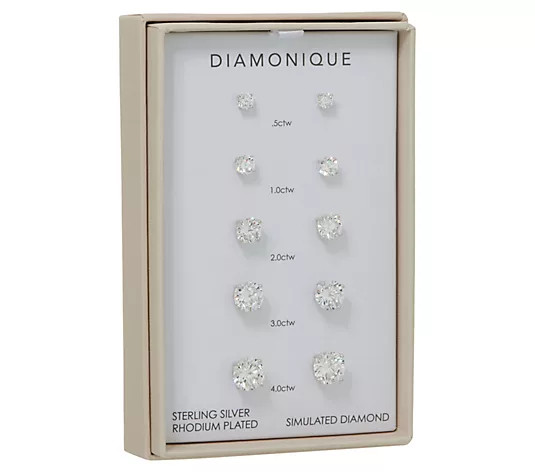 Diamonique Set of 5 Stud Earrings, Sterling or 14K Plated, Boxed | QVC