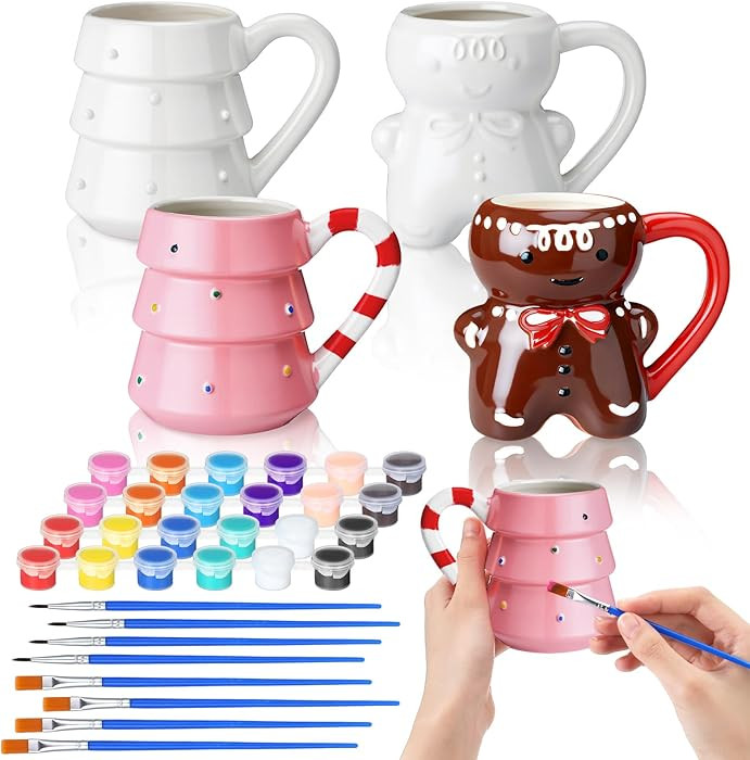 Vesici 4 Sets Paint Your Own Christmas Mugs Kits with 12 Color Paints Brush Instruction Manual Ce... | Amazon (US)