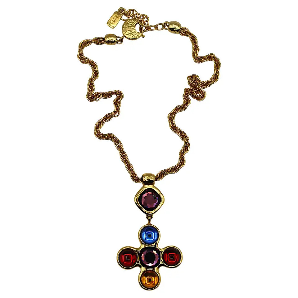 YVES SAINT LAURENT YSL Vintage Gold Tone Jewelled Cross Pendant Necklace | 1stDibs