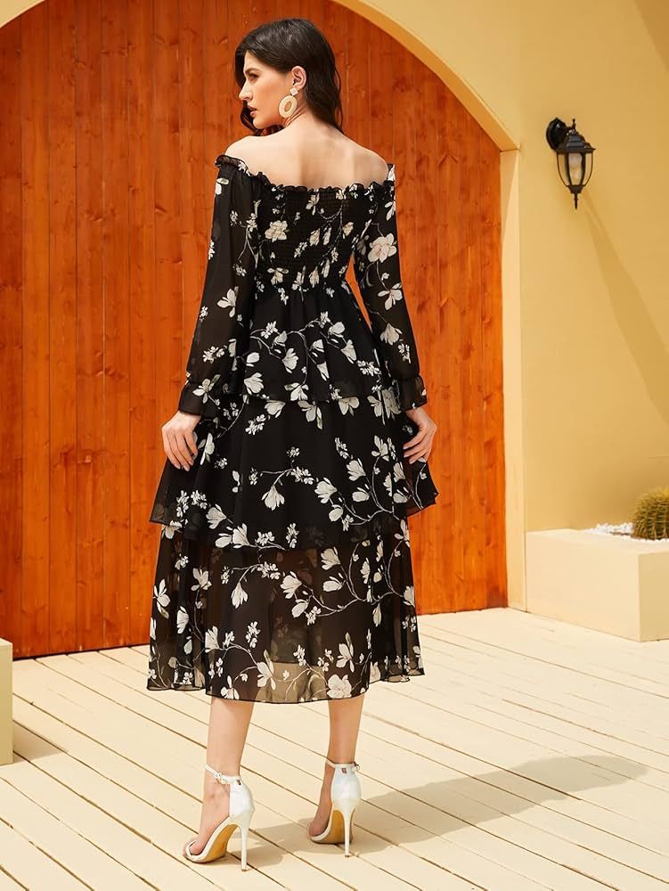 Women's Summer Off Shoulder Long Sleeve Dress Floral Print Tiered Hem A-Line Dress | Amazon (CA)