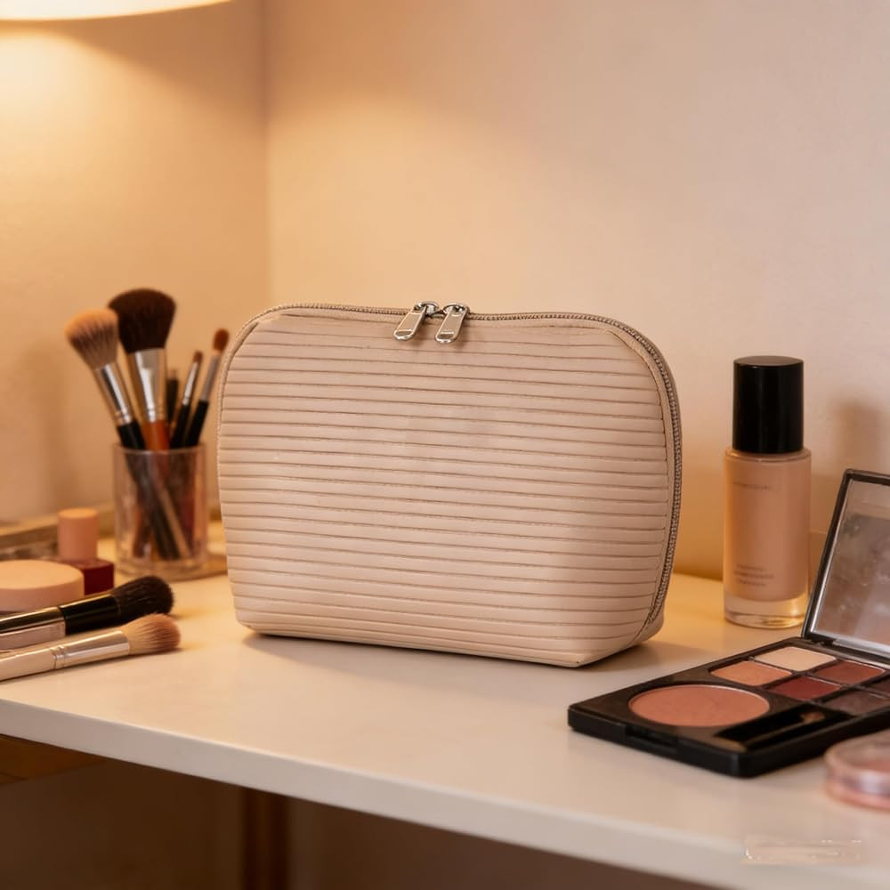 Travel Makeup Bag for Women, Waterproof Stand Up Cosmetic Bag with Brush Holders, Organizer Bag w... | Amazon (US)