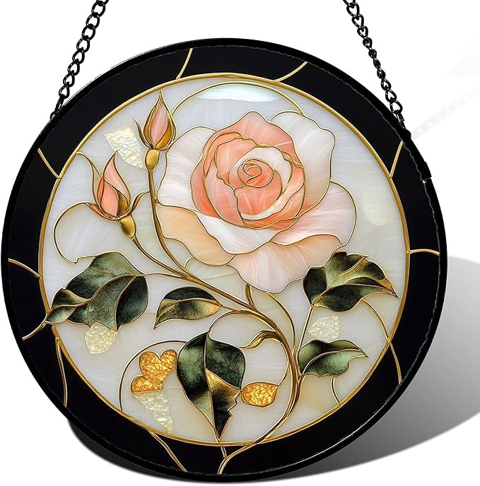 Stained Glass Window Hanging - Black White Pink Rose Sun Catcher for Door Home Decor Flower Sunca... | Amazon (US)