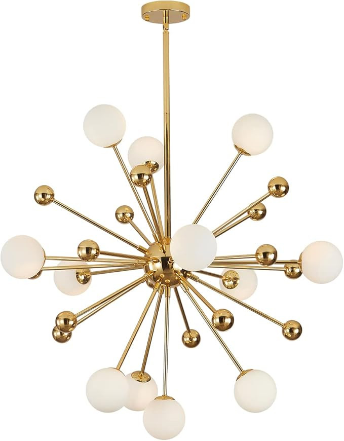 BOKT Modern Gold 12-Lights Sputnik Chandelier Mid Century Starburst Chandelier White Globe Glass ... | Amazon (US)