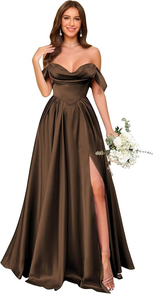 homdor Off Shoulder Satin Bridesmaid Dresses Long Pleated Formal Dresses A Line Evening Gowns wit... | Amazon (US)