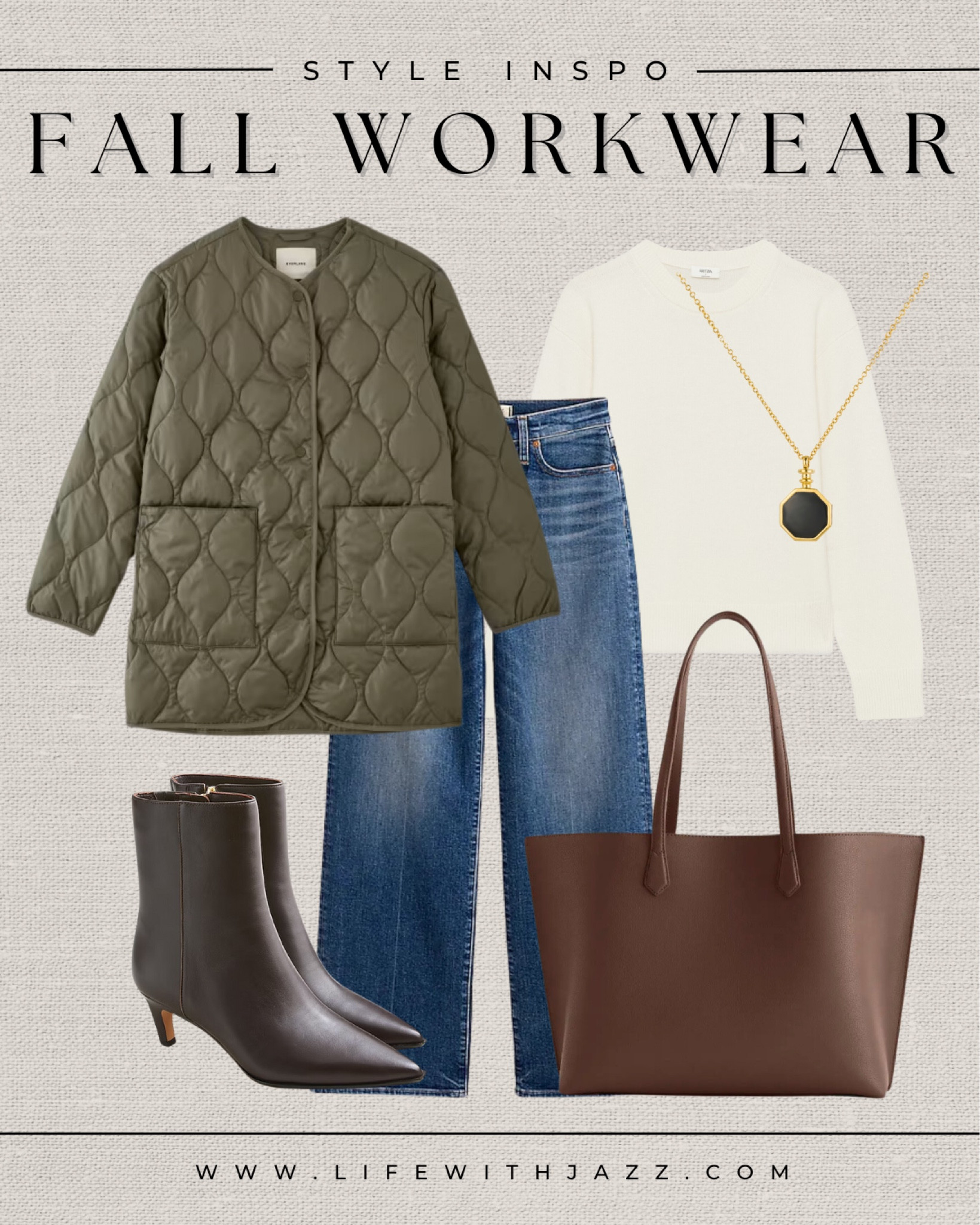Style inspo: fall workwear 

Quilted olive green jacket / cream sweater / wide leg jeans / chocolate brown boots / leather tote bag / office outfit / necklace 

#LTKStyleTip #LTKWorkwear