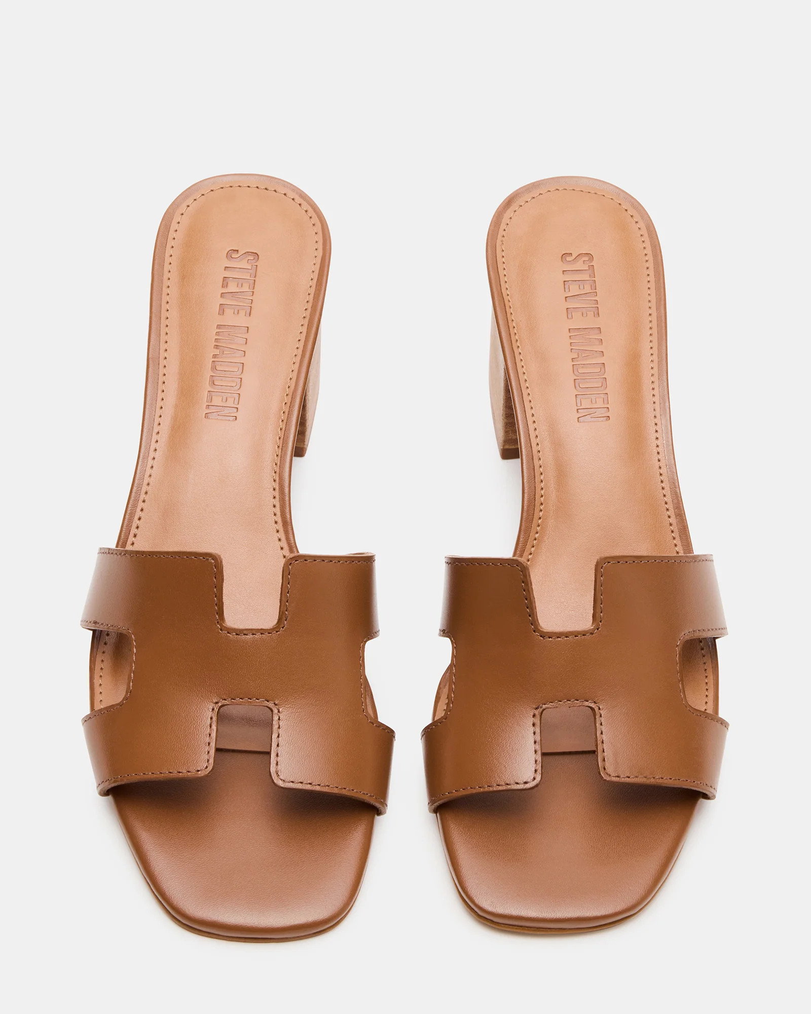 HANA Cognac Leather Square-Toe Mule Block Heel Women's Sandal | Steve Madden (US)